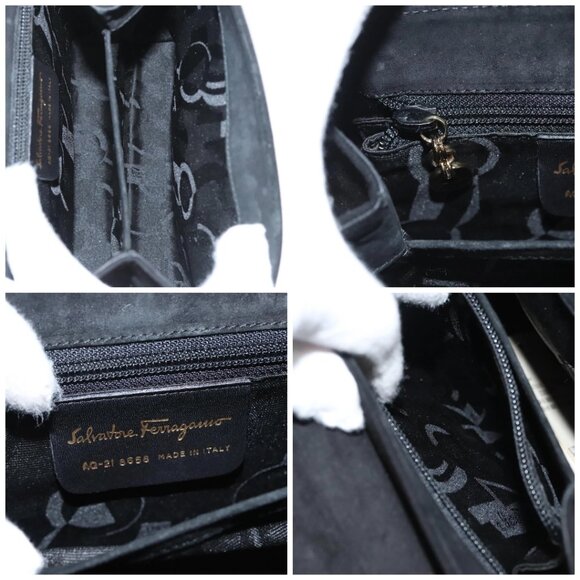 Salvatore Ferragamo Gancini Hand Bag Suede 2way Black Gold Auth BA2414 - Picture 15 of 16